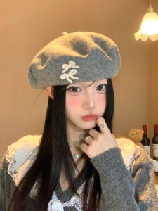 XINDONGXINGQIU | Bow Grey Wool Beret Hat for Winter and Large Head Sizes