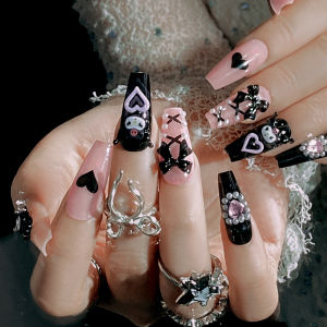 【With Glue】Female Mid-length Fake Nail Sanrio Kuromi Decor Artificial Nail for Women and Girl Party Activity