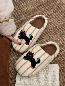 Dép Cotton Kẻ Sọc Màu Đen Dễ Thương Cho Cặp Đôi Đi Trong Nhà Mùa Đông Ấm Áp Thoải Mái Cho Nam Và Nữ