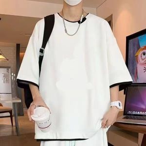 Hong Kong Style Ice Silk Waffle Pattern Casual Set Summer Trendy Sporty Loose Shorts Two Piece Set Polyester Fiber Short Sleeve T-Shirt