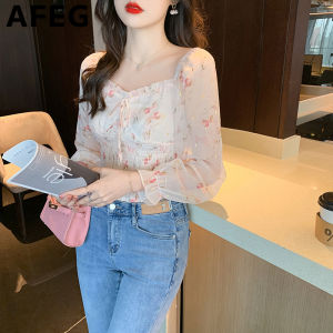 AFEG Korean square neck fashion short fit versatile temperament printing chiffon long sleeve womens top for women
