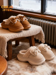 Dép Bông Dày Ấm Áp Cho Nữ Mùa Đông Trong Nhà Ngoài Trời Chống Trượt Đế Dày Lông Cừu Lót Lông Cừu Thắt Nút Bướm