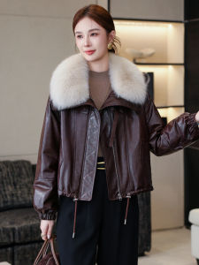 Fox Fur Collar Lamb Leather Down Jacket Short Loose