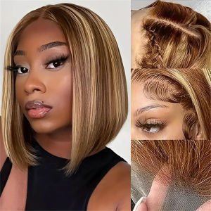 วิกผมบ๊อบ Ombre 4/27วิกผมไฮไลท์เส้นผมมนุษย์ลูกไม้ใส13x4ผมเลมี่ตรงวิกผมด้านหน้าสำหรับผู้หญิงสีดำ