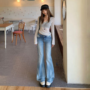 American Style Low Waist Bell Bottom Jeans Womens Thickened Straight Leggings Slimming Blue Denim Pants Casual Wear