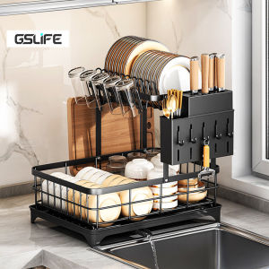 GSlife🔥🔥2 Tiers Dish Rack with Drainer Dish Drying Rack Kitchen Racks Organizer Tableware Shelf Drainer Carbon Steel Storage Holder with Cup Rack
