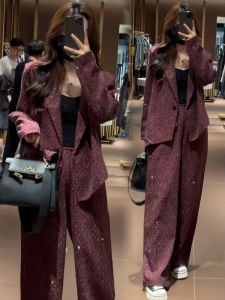 Fashionable Ladies Two-Piece Set Autumn Spring Wide Leg Pants Slimming Suit Jacket Casual Style Home Wear Polyester Fiber