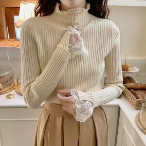 Women Lace Solid Basic Knitted Tops Turtleneck Long Sleeve Slim Casual Pullovers Korean Fashion Chic Autumn Winter Warm Sweater