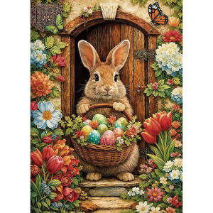 500 1000 1200 2000pcs Jigsaw Puzzle Doorstep Bunny Brown Rabbit At Cottage With Easter Eggs And Tulips For Adult Home Decor Gift