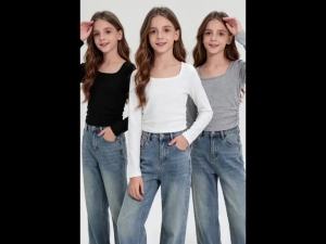 3 Piece Set Of Spring/Autumn Girls Long Sleeved T-Shirt Round Neck Pleated Short Solid Color Casual And Versatile Outdoor Top