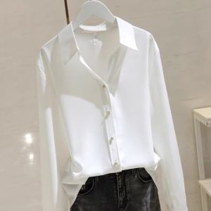 Stylish Design V-Neck White Satin Long Sleeve Shirt