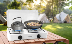 Double Burner Gas Stove Heavy Duty Camping Stove Portable Gas Stove Propane Butane Gas Stove with 2 Gas Burner Thickened Stainless Steel Stove Rack Stand High Pressure Gas Stove Automatic Lgnition for Home or Outdoor Wok Burner