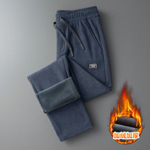 Mens Fleece Lined Thickened Straight Leg Casual Pants Loose Fit Long Trousers Autumn Winter Sports Fashion Urban Style Elastic Waist