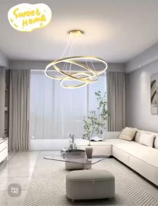 Lampu Gantung Ruang Tamu Lampu Hias  Mewah Nordik Minimalis Modern Gold 3 Ring LED 3 Warna 60+40+20cm Chandelier Ruang Makan Mini Bar MOOISHC