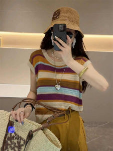 Shalldoer | Color Block Stripe Short Sleeve Knit Top Women Lightweight Slim Fit