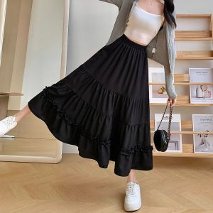 Sweet Style High Waist A-Line Midi Skirt Womens Spring Summer New White Wood Grain Edge Flared Skirt Korean Commute