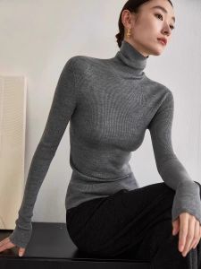 สีเทาเข้ม เสื้อฐานถักไร้ตะเข็บคอสูง ผู้หญิง สลิมฟิต แขนยาว คอเต่า ชั้นฐานสําหรับ ฤดูใบไม้ร่วง ฤดูหนาว เลเยอร์