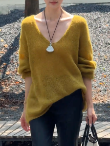QINGNAER | Relaxed Loose Soft V-neck Slimming Oversized Women Sweater