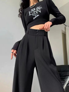 Slim Fit High Waist Floor Length Thin Casual Pants Womens Black Wide Leg Trousers Korean Style Commute Fashion