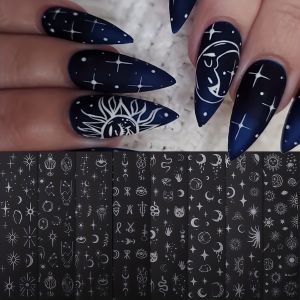 8 Miếng Dán Trang Trí Móng Tay Bạc Hình Mặt Trời Mặt Trăng Sao Tự Làm Trang Trí Tiệc Cưới Trang Điểm Dễ Dán Chất Liệu PET