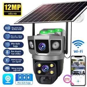 Camera IP WiFi 12MP Hai Ống Kính Chống Nước Tích Hợp Pin Năng Lượng Mặt Trời Cảm Biến Chuyển Động PIR Giám Sát Video An Ninh V380 Cho iOS & Android