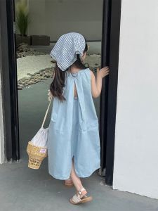 Summer Blue Vest Dress Girls Childrens Simple  Style Beach Sand Beach Skirt Tagkita Brand Princess Style Daily Wear