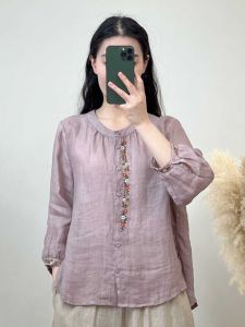 Casual Cotton Linen Shirt Women round Neck Embroidery Loose Long Sleeve Breathable Summer New Style Slimming Versatile Top