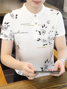 HENGYUANXIANG | Pure Cotton Short Sleeve Polo Shirt Mens Stand Collar Fashion Print Summer New Style Dad Clothes Thin T-Shirt Standard Fit Button Detail Iron-Free Treatment Urban Style Daily Wear Youth Floral Pattern