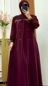 Gamis Wanita Dewasa Couple Lebaran Terbaru Series Warna Burgundy Mahogany Kekinian Rania Dress Model Pesta Kondangan Brukat Payet Mutiara Cantik Fashion Wanita Muslimah Kekinian Elegan Mewah Dress Gaun LD 110cm M L XL XXL Bisa COD