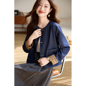 New Chinese Style Patchwork Denim Jacket Womens Spring Autumn round Neck Short Top Elegant Quality Polyester Blend Fiber