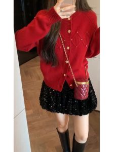 BINKAFENNY | Early Autumn Red Metal Buckle Round Neck Knitted Open Cardigan Womens Inner Wear High End Sensation Small Fragrance Style Top