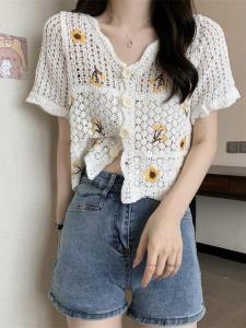 Hollow Embroidered Knitted Short Open Cardigan Women Summer New Outer Thin Short Sleeve Versatile Cover up Top