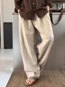 Laid-back Cotton Linen Mens West Pants Loose Straight Tube Long Pants Dark Button Elastic Waist Linen Suit Pants Casual Trousers