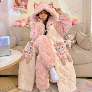 Winter Thickened Fleece Coral Velvet Robe Womens Style Cartoon Pijama Set with Cotton Sandwich Print Home Clothes