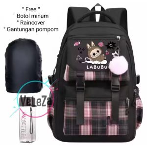 Tas ransel anak perempuan remaja LABUBUB tas ransel sekolah anak free botol minum raincover gantungan pompom