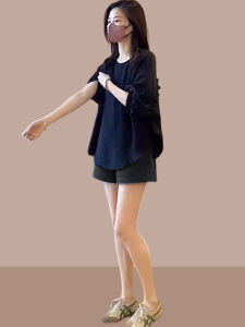 Summer 2025 Casual Short Sleeve Shirt And Shorts Two-Piece Set Slimming Belly Covering Fashionable Womens Ensemble Polyester Fiber