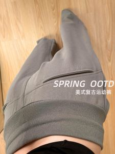 Retro American Sport Pants Womens Loose Straight Leg Lazy Dark Blue Wide Leg Sweatpants High Waist Polyester Fiber Casual Pants