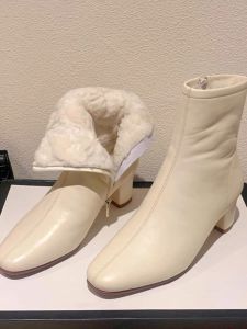 Womens Short Snow Boots Sheepskin Fur Integrated Chunky Heel High Heel Winter Warm Cotton Shoes Slim Boot Side Zipper