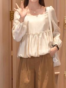 plus Size Womens Long Sleeve Square Collar Shirt Back Large Bow Tie Fashion Versatile Fat Sister Top Commute Korean Style Loose Fit