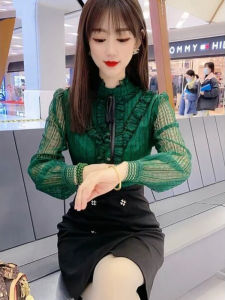 Fashionable Green Splice Mini Dress Womens High Waist A-Line Skirt Long Sleeve Spring Autumn High-End Viral Pop Dress