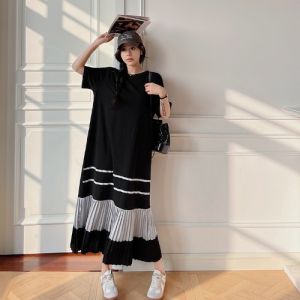 Loose Summer New plus Size Casual Slimming Color Block Pleated Skirt Short Sleeve Dress Women Comfortable Knitted Street Style H Version