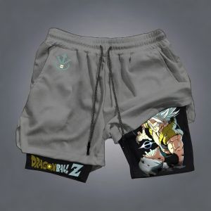 DRAGON BALL Mens Double-layer Shorts Gogeta Sweatpants Summer Anime Gym Fake Two-piece Sports Fitness Quick-drying Shorts