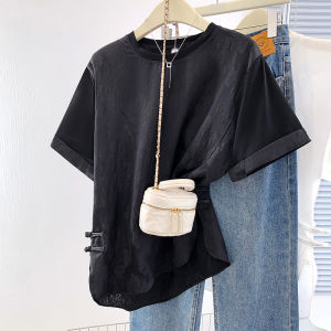New Chinese Style National Trend Embroidered Black Short Sleeve T-Shirt Women Summer plus Size Conceal Belly High End Feeling Top