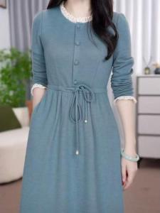 Sweet Fresh Young Style Snail Velvet Drawstring Dress Belly Cover Slimming A-Line Skirt Long Sleeve round Neck Zipper Closure