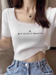 Áo Thun Tay Ngắn Cổ Vuông Bằng Lụa Băng Cho Nữ Mùa Hè Phong Cách Mới Hở Xương Đệm Vừa Vặn Ngắn Nửa Tay Áo Phong Cách Đường Phố