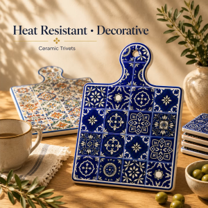 Ceramic Trivet Coaster with Heat Resistant Cork Base Dining Table Protector Peranakan - Ceramic Trivet with Cork Base for Pot Protection.