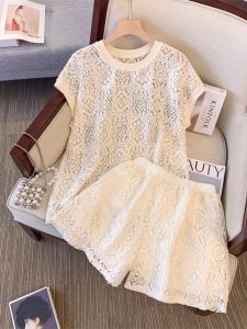 Thời Trang Khoét Hở Thêu Tay Ngắn Áo Chui Đầu Và Quần Short Bộ Nữ Plus Kích Thước Giảm Béo Chống Lão Hóa Trang Phục Mùa Hè