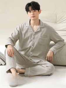 Miiow | Mens Long Sleeve Cotton Pajamas Set Casual Home Wear Comfortable Breathable Pure Cotton Sleepwear Youth Spring Autumn Winter