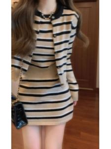CHANGTONG | Striped Knit Cardigan Set with Skirt 3 Pieces Outfit