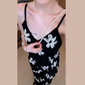 Homecore | Elegant French Style Black Floral Print Dress Women Summer Beautiful Ladylike Long A-Line Skirt High Waist Short Sleeve V-Neck